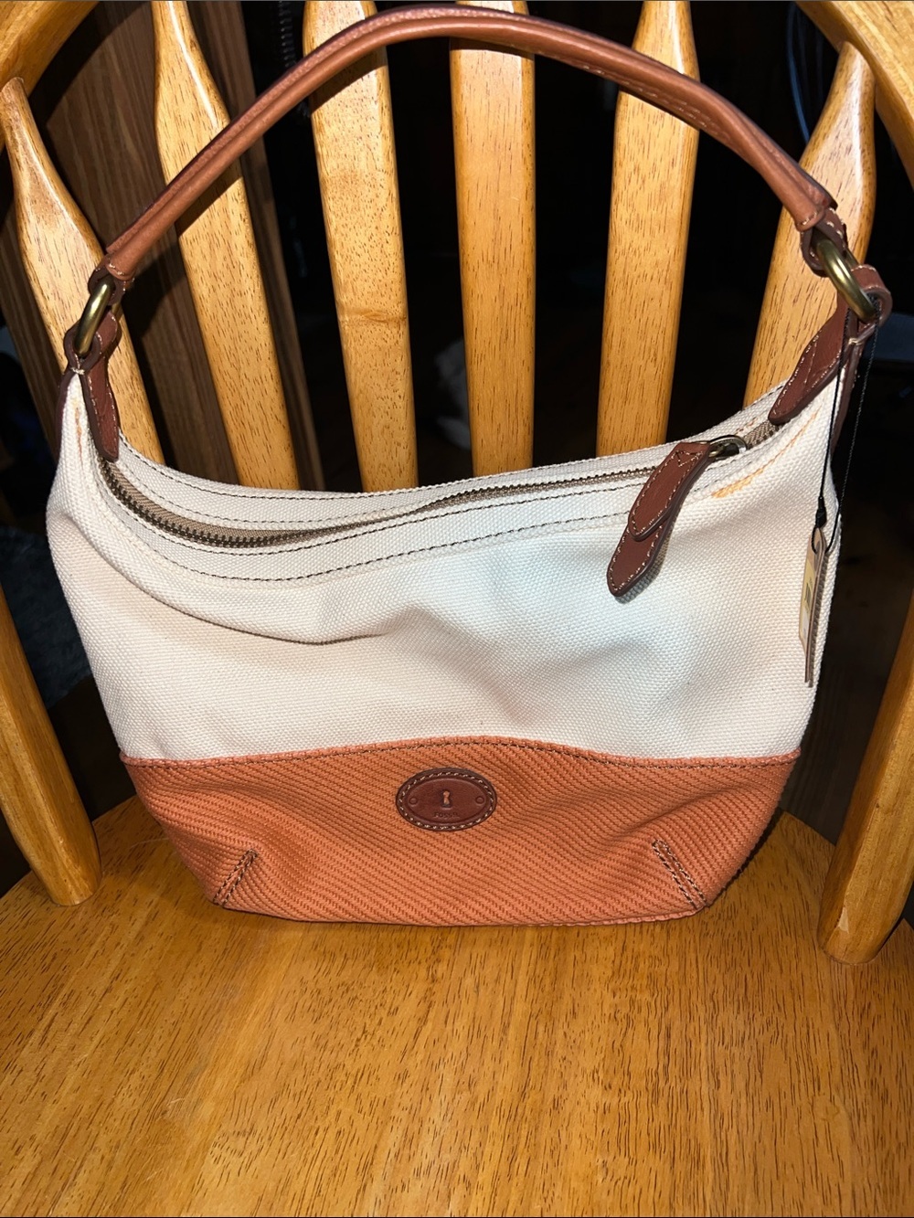Fossil Tate Shoulder Bag Canvas/Leather Color Block Ivory Brown Tan HOBO NWT